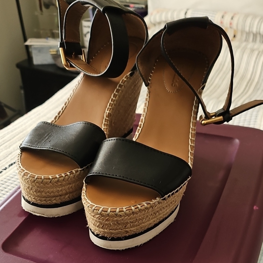 SEE BY CHLOÉ Glyn Calf Espadrille High Platform Sandals Black Women's Sz 9 EU 40